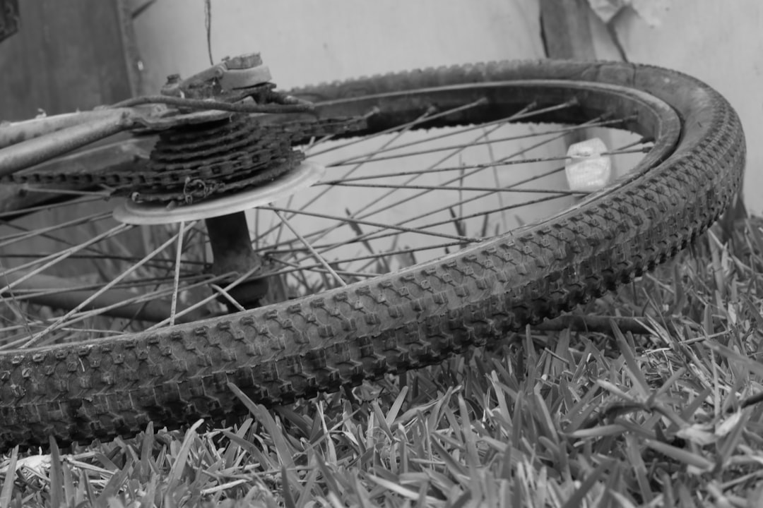 Close up of a bicycle wheel resting on grass